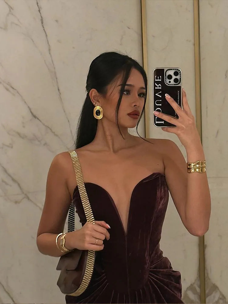 Plum Strapless Velvet Maxi Dress