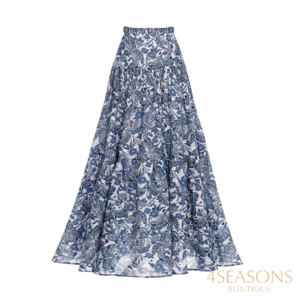 Vintage Blue Swimsuit With Skirt Tankini Women Swimming Suits Single Piece Print Floral Micro