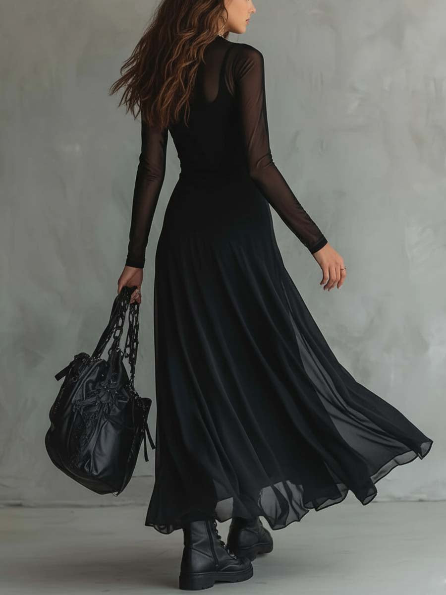 Emma™ | Black Maxi Dress with Sheer Sleeves