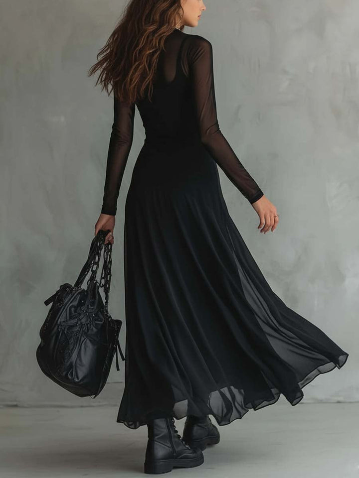 Emma™ | Black Maxi Dress with Sheer Sleeves