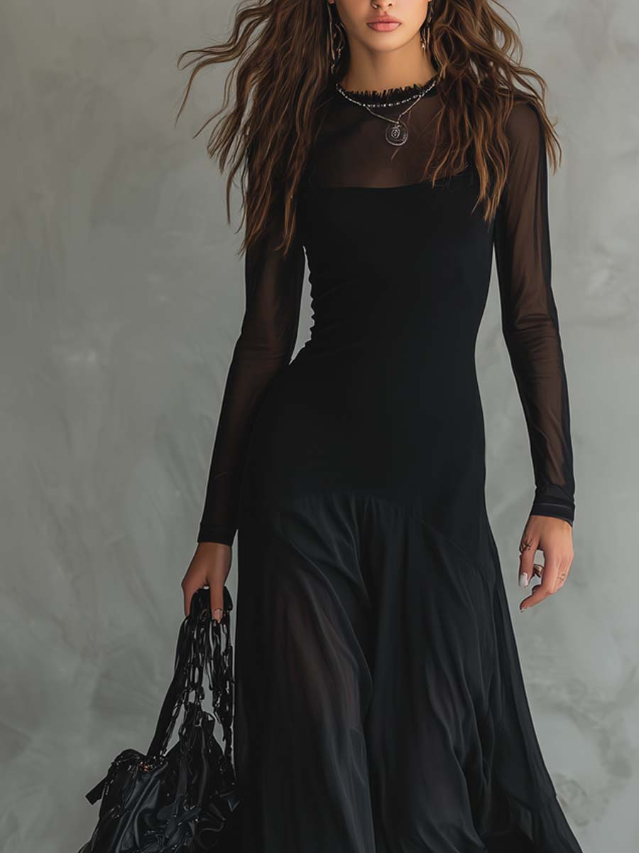 Emma™ | Black Maxi Dress with Sheer Sleeves