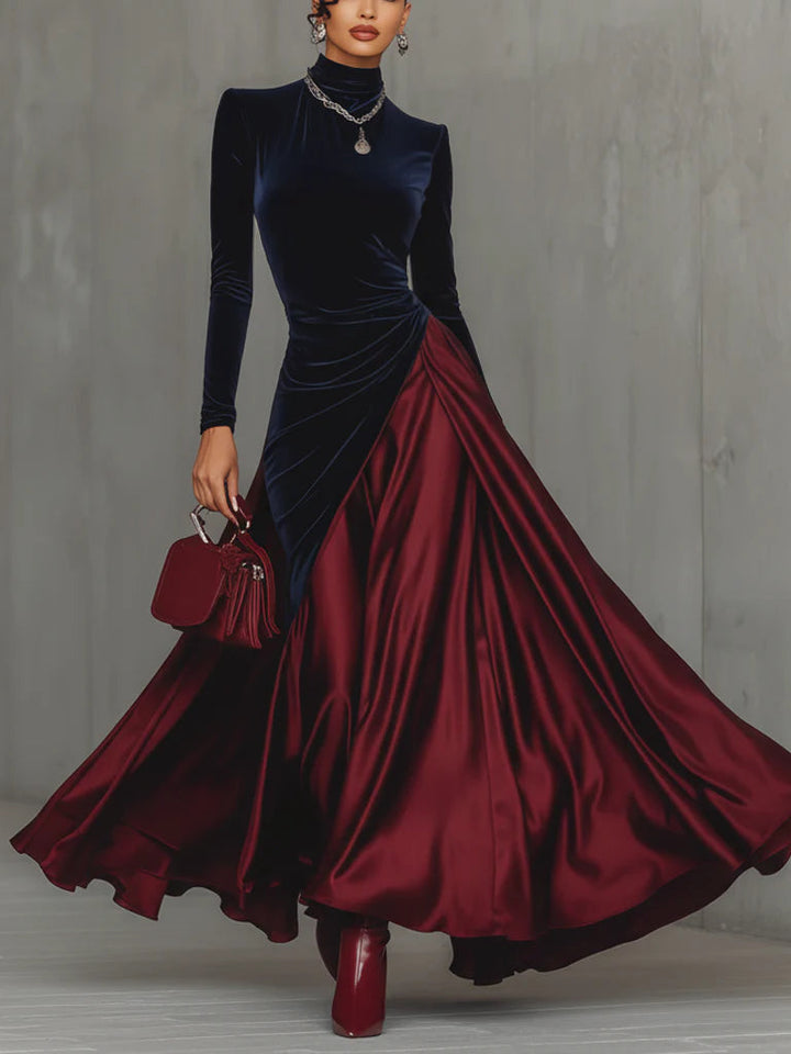 Bidelia | Elegant Two-Tone Long Velvet and Satin Dress with Flowing Skirt
