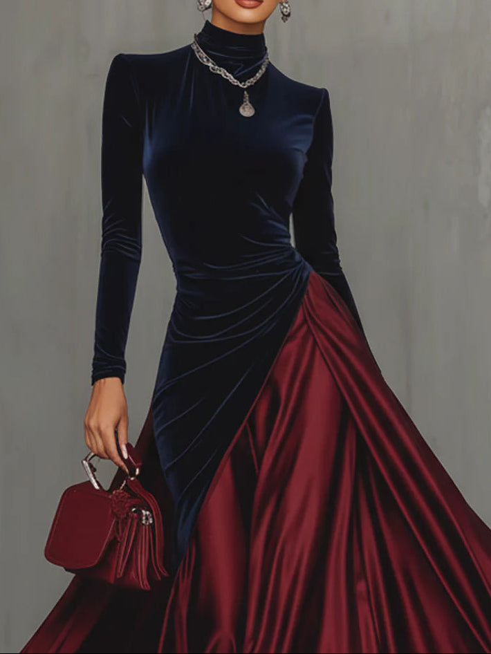 Bidelia | Elegant Two-Tone Long Velvet and Satin Dress with Flowing Skirt