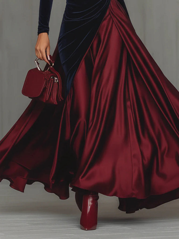 Bidelia | Elegant Two-Tone Long Velvet and Satin Dress with Flowing Skirt