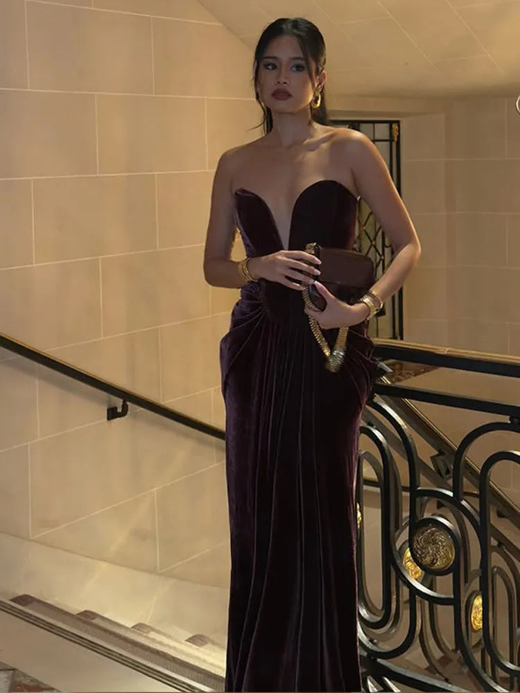 Plum Strapless Velvet Maxi Dress