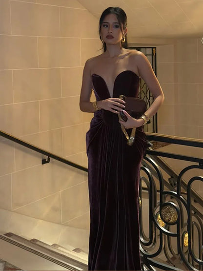Plum Strapless Velvet Maxi Dress