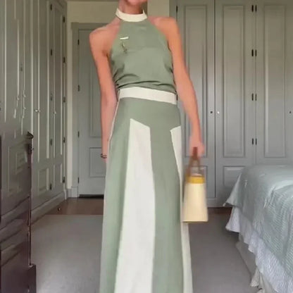 Two-Tone Halter Top and Skirt Set