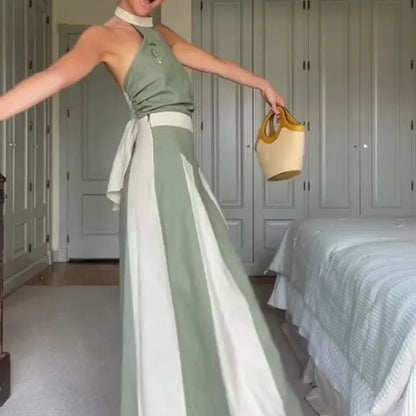 Two-Tone Halter Top and Skirt Set