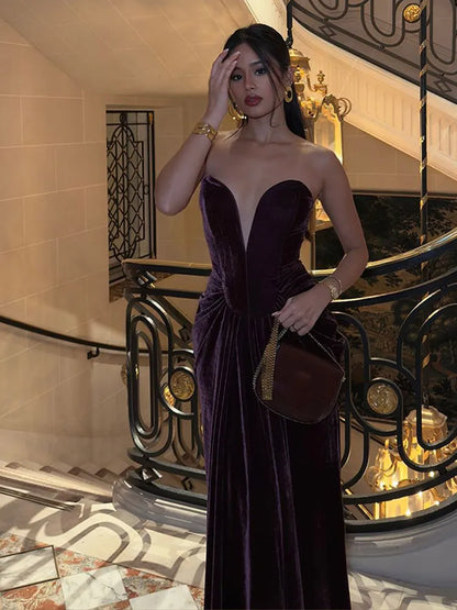 Plum Strapless Velvet Maxi Dress