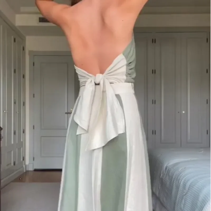 Two-Tone Halter Top and Skirt Set