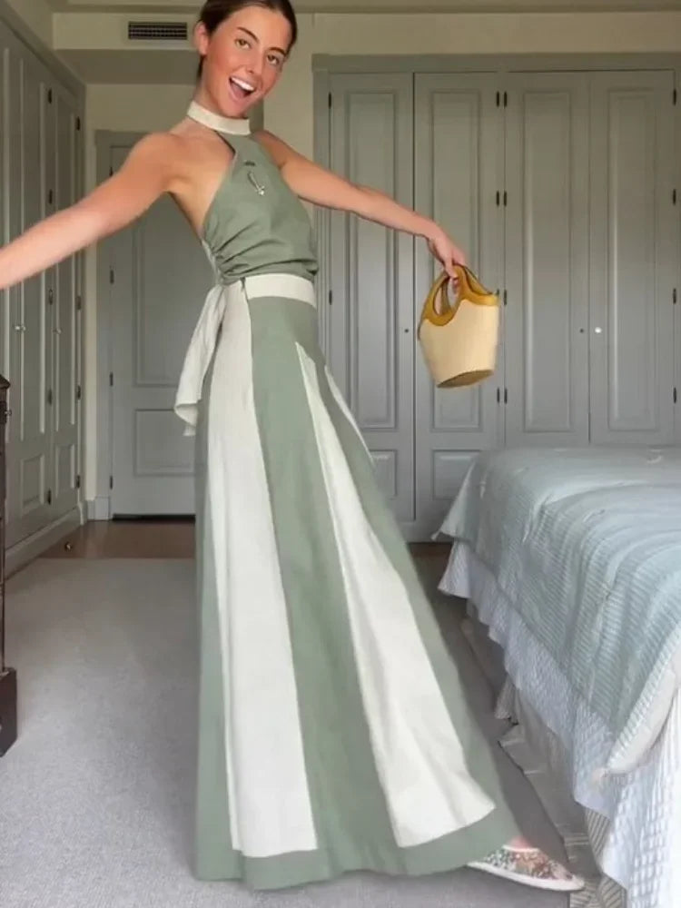 Two-Tone Halter Top and Skirt Set