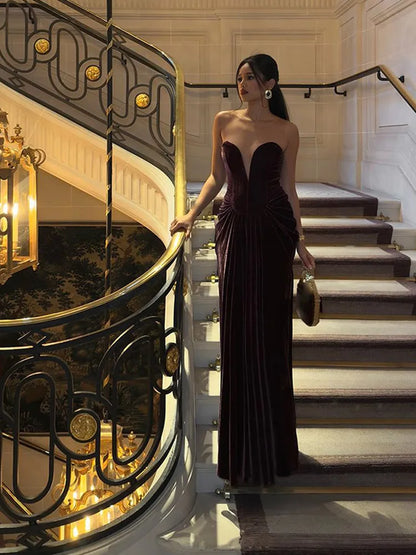 Plum Strapless Velvet Maxi Dress