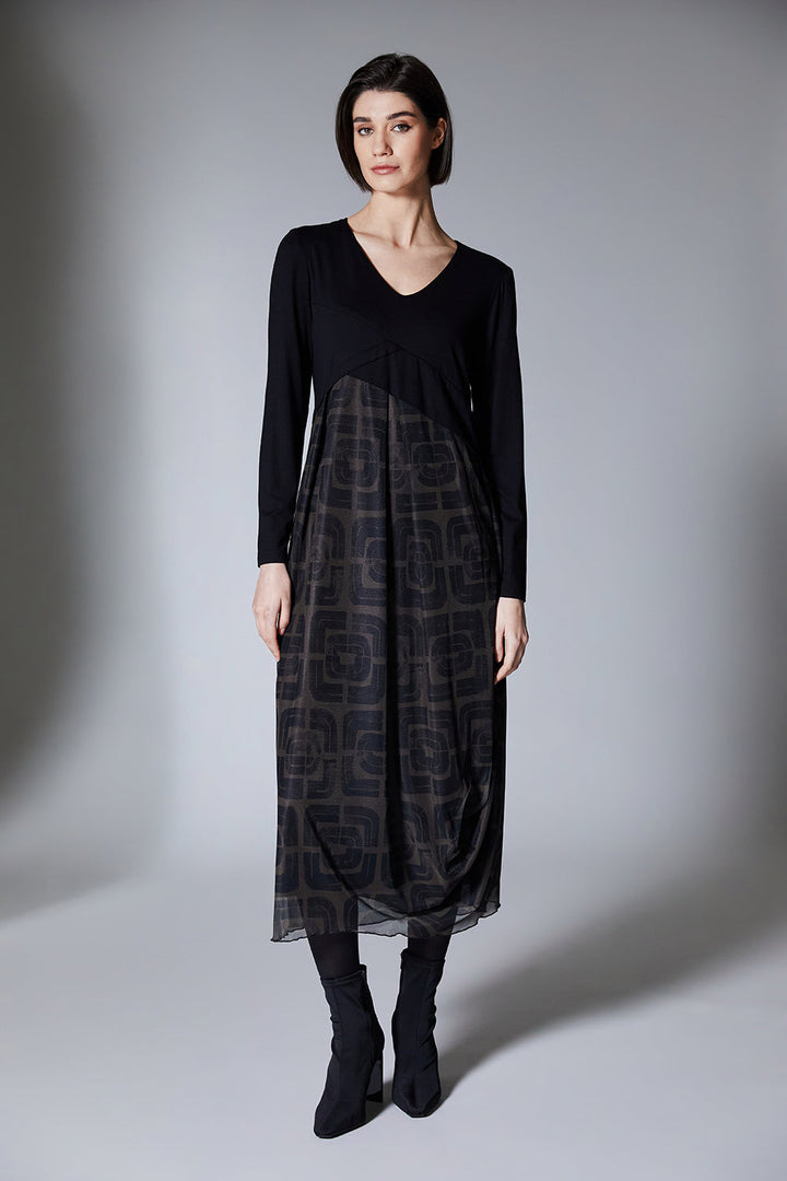 Maeve | Schwarzes Jersey- und Mesh-Midikleid