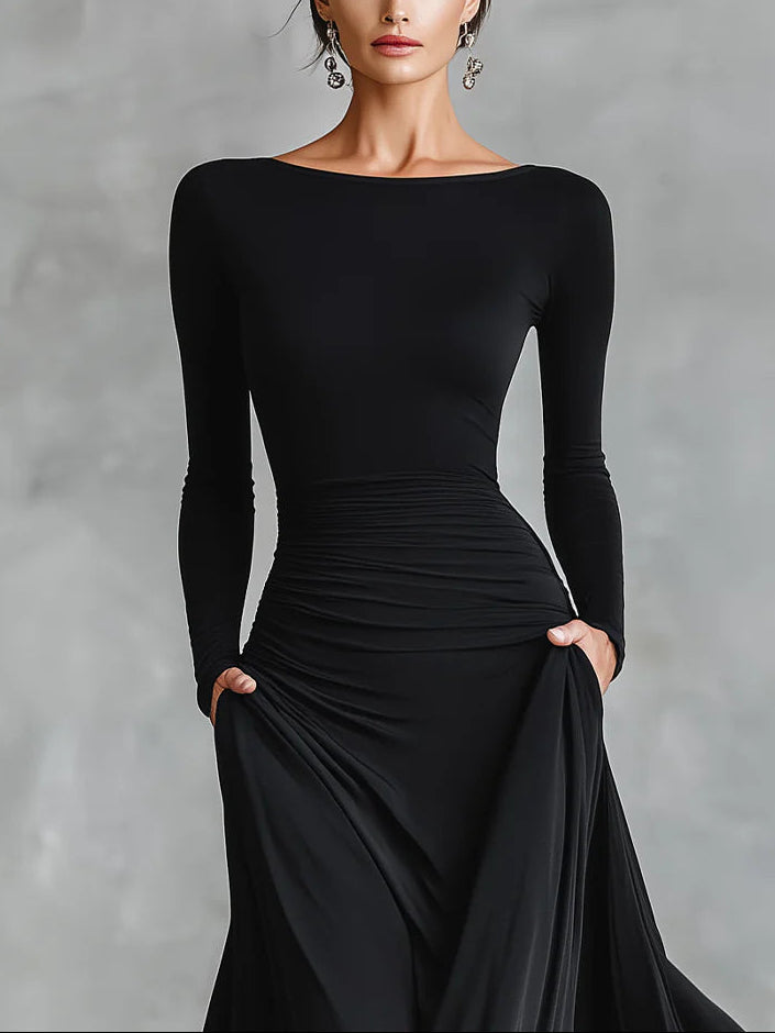 Etna | Modern Black Crepe Long Dress with Boat Neckline and Pleats