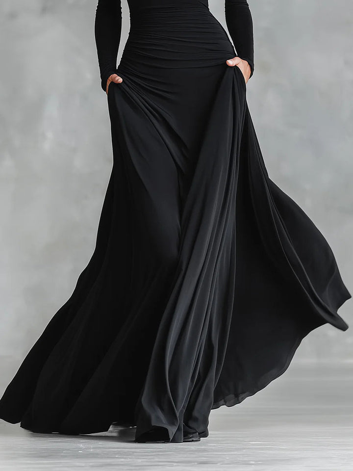 Etna | Modern Black Crepe Long Dress with Boat Neckline and Pleats