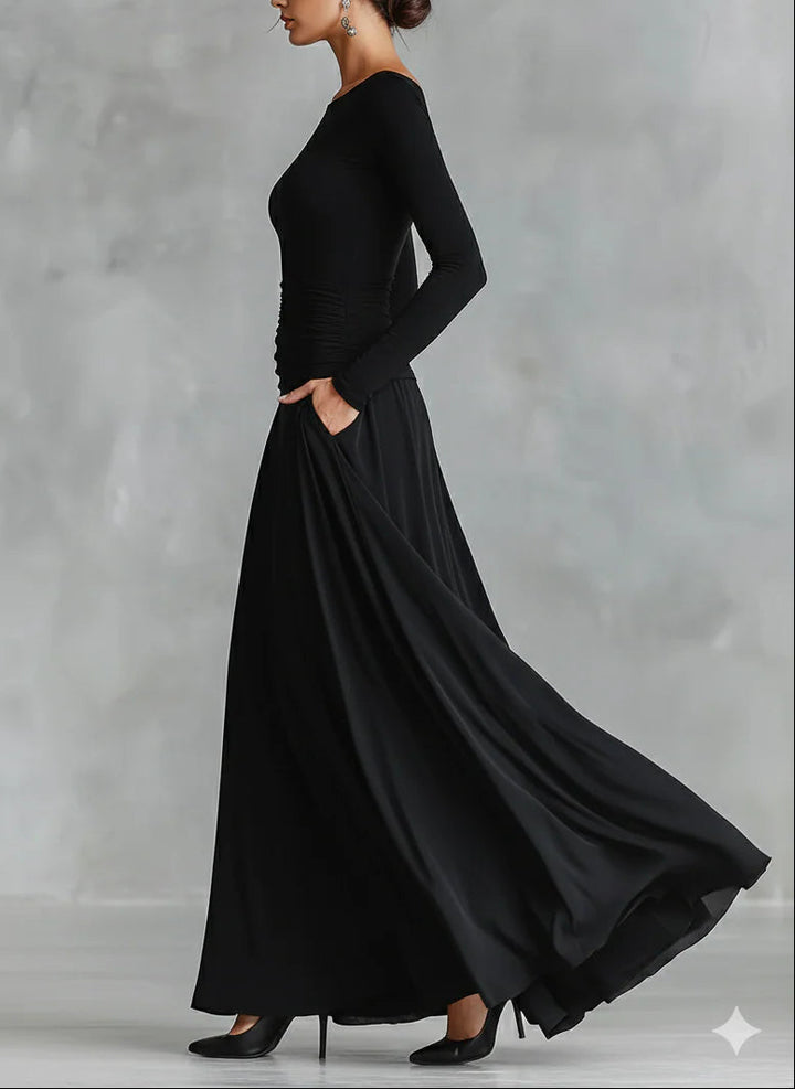 Etna | Modern Black Crepe Long Dress with Boat Neckline and Pleats