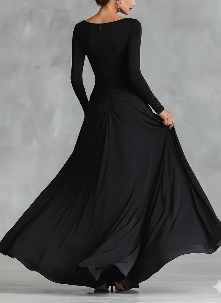 Etna | Modern Black Crepe Long Dress with Boat Neckline and Pleats