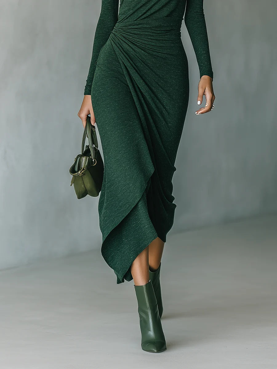 Aislinn | Dark Green Asymmetrical Wrap Midi Dress with Pleats and High Collar