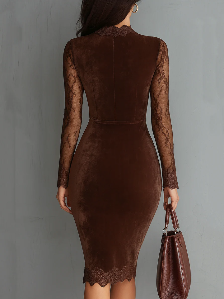 Fidelma | Mini Velvet Dress with Vintage Keyhole Neckline and Brown Lace Sleeves