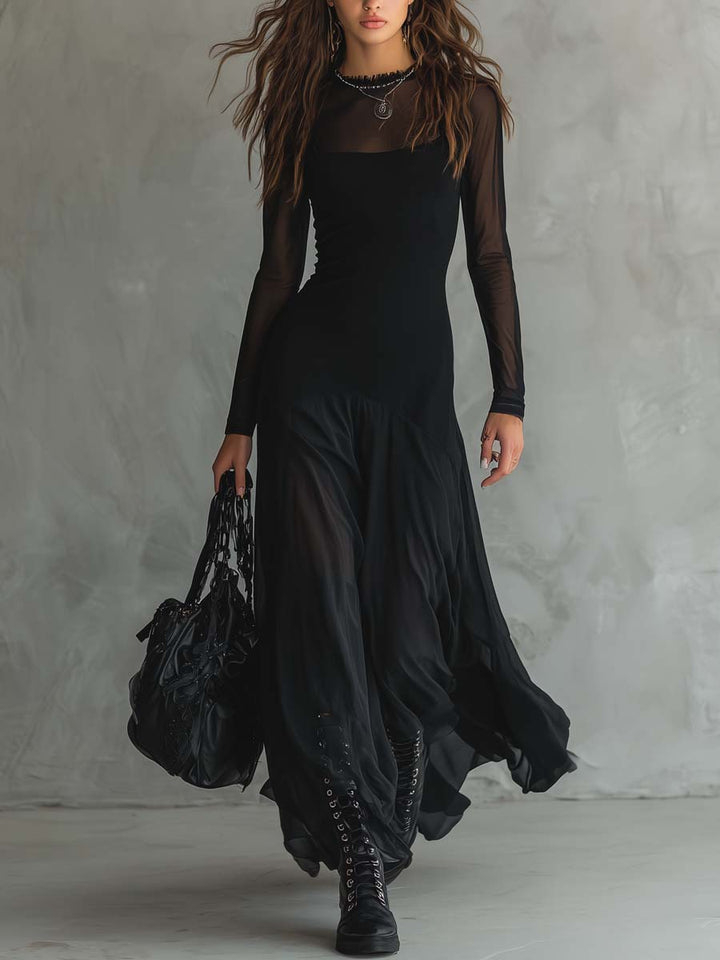 Emma™ | Black Maxi Dress with Sheer Sleeves