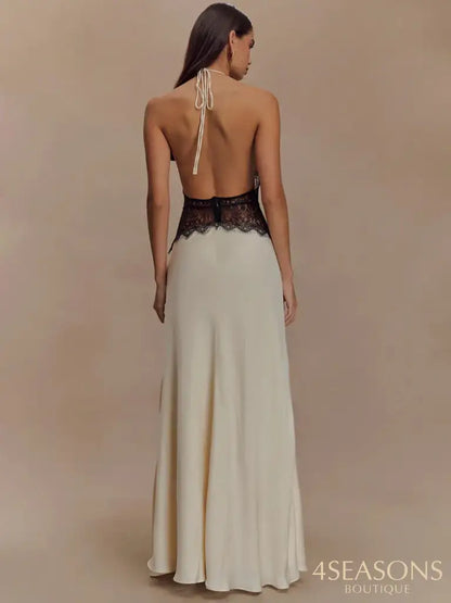 Mozision Summer Backless Sexy Maxi Dress Women Gown Patchwork Lace Halter Deep V Neck Sleeveless High Waist Elegant