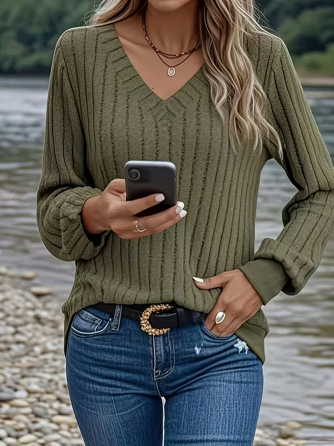 Joan™ - Stylish Ribbed V-Neck Sweatshirt