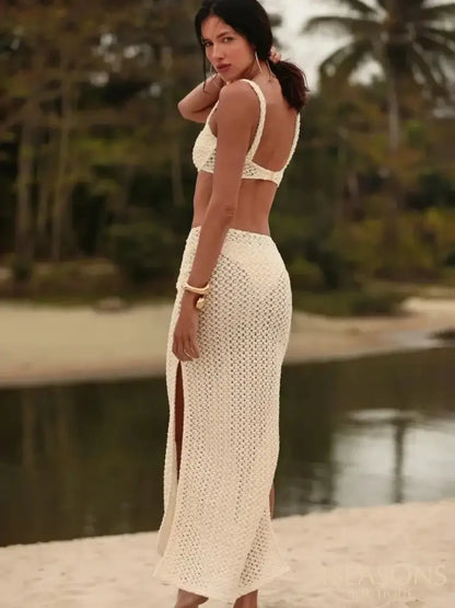 Fashion Knitted Leaves Bikini With Long Skirt Women 3 Pcs Swim Suit 2025 Elegent Sliming Dresses