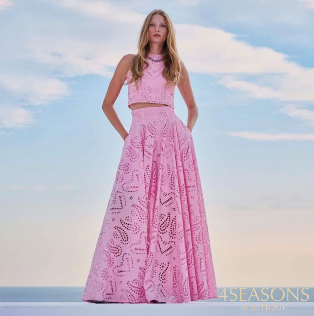 Briana Lace Elegant Cutout Top and Skirt Set Pink / S