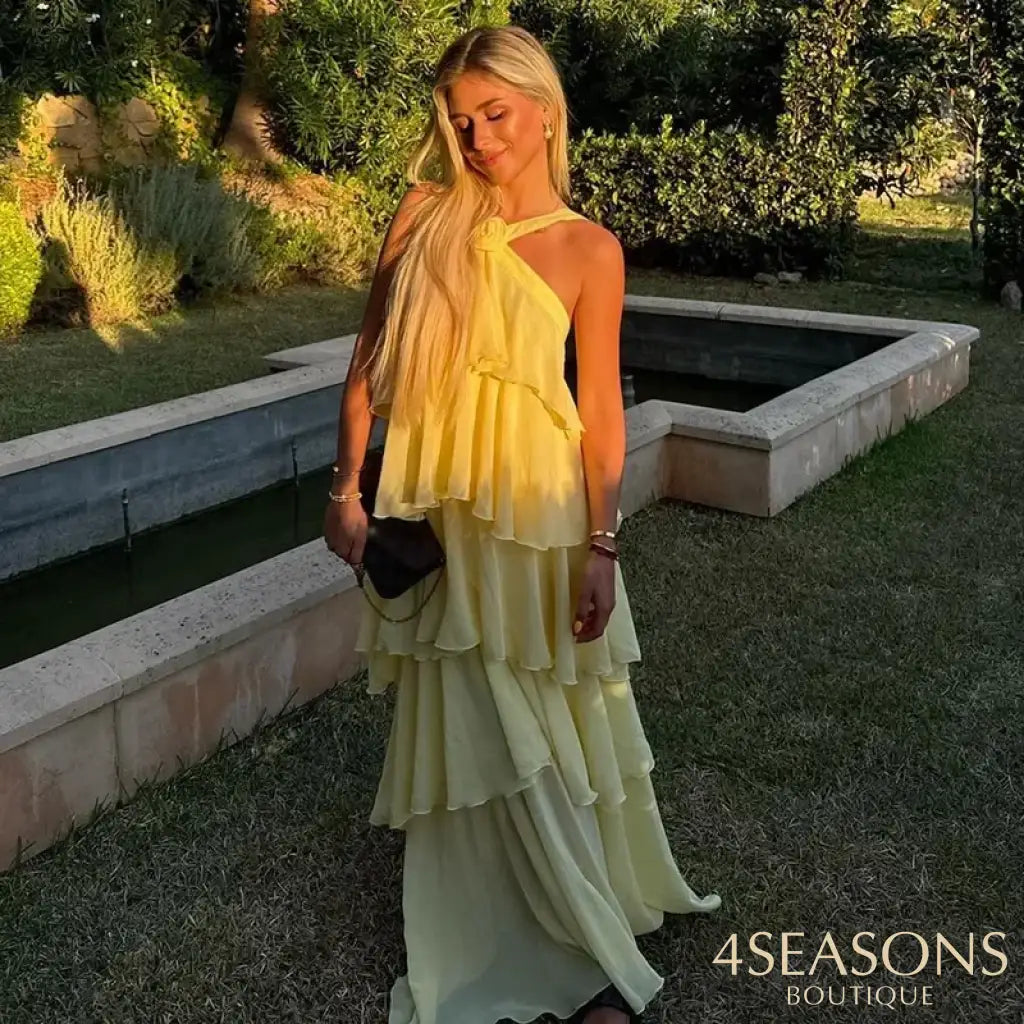 3D Flower Ruffles Layered Dresses Women’s Elegant Chiffon Backless Sleeveless Fluffy Long Dress 2025 Summer New Lady