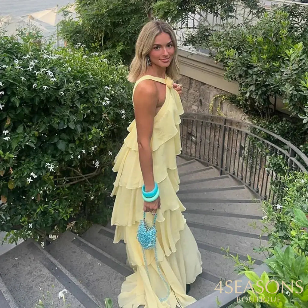 3D Flower Ruffles Layered Dresses Women’s Elegant Chiffon Backless Sleeveless Fluffy Long Dress 2025 Summer New Lady