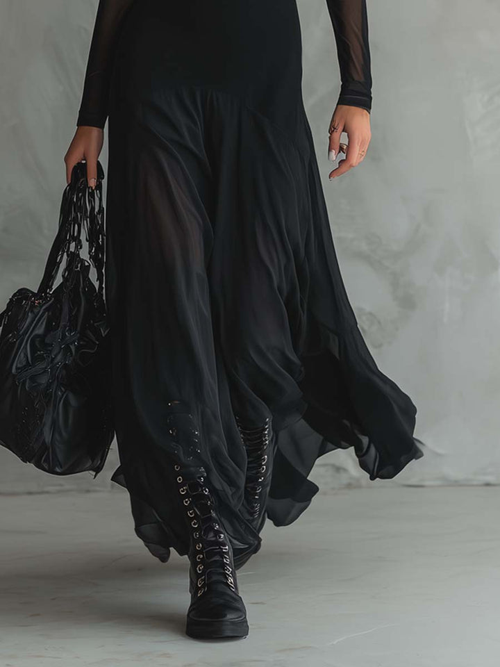 Emma™ | Black Maxi Dress with Sheer Sleeves