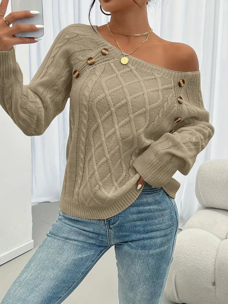 Lina - Long-Sleeved Jumper with Cable Knit Pattern, Casual Jumper with Round Neck