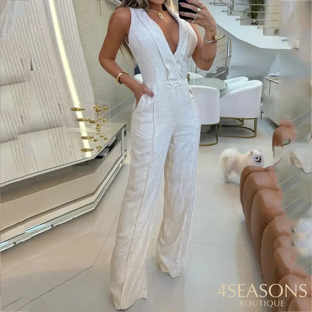 Wefads Women Wide Leg V-Neck Sleeveless Jumpsuits Straight Jumpsuit Commute Holdiay Lady Romper