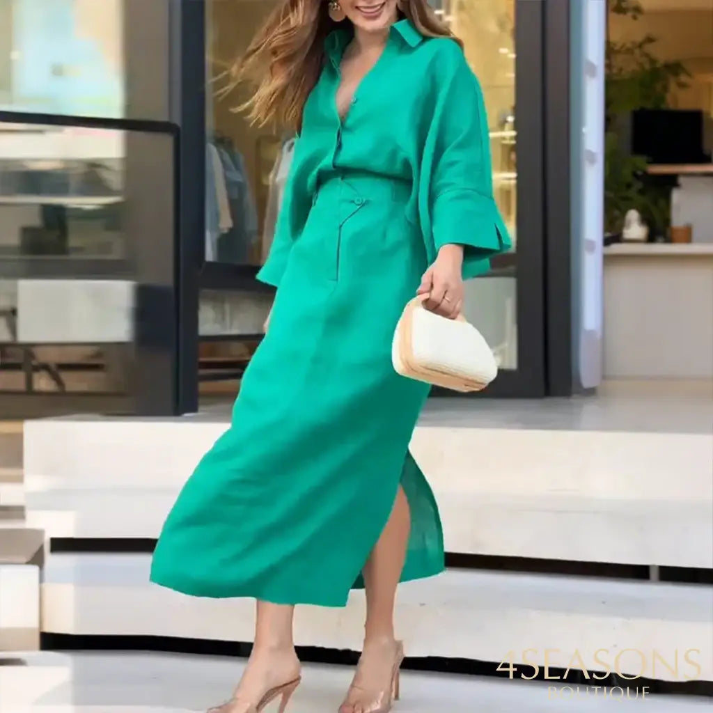 Ellafads Women’s Clothing Fashion Brown Green V-neck Dress Elegant Casual Waist-closing Dresses For Women