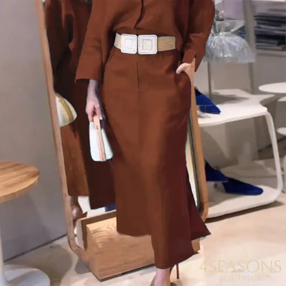 Ellafads Women’s Clothing Fashion Brown Green V-neck Dress Elegant Casual Waist-closing Dresses For Women