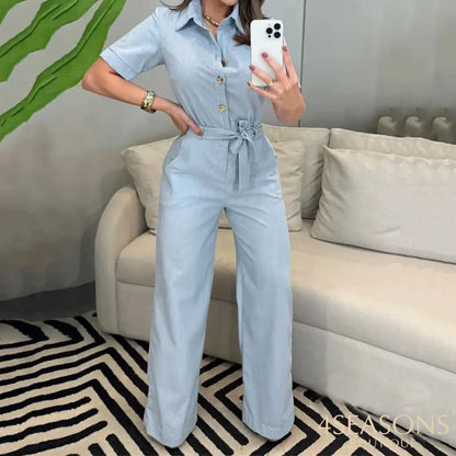 Wefads Jumpsuit Summer Women Casual Solid Short Sleeve Lapel Single Breasted Button Lace Up Nipped