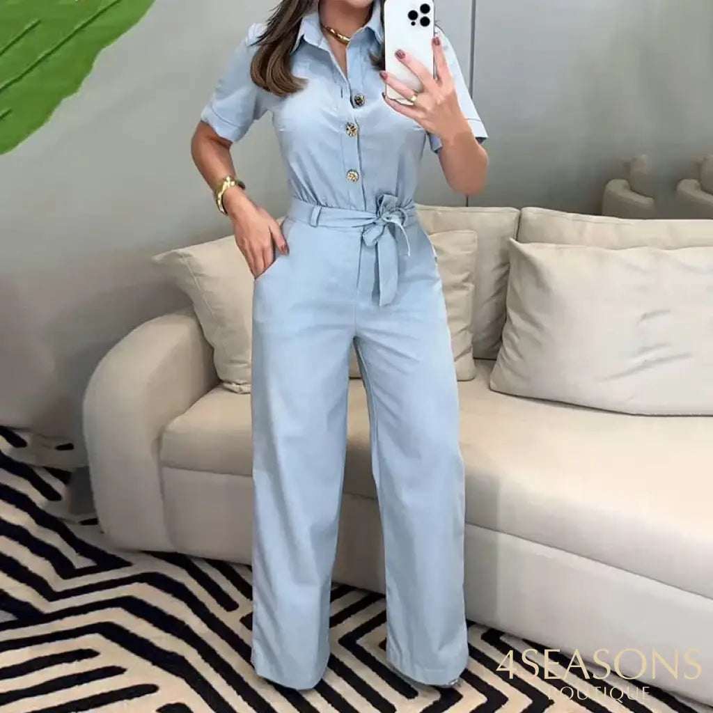 Wefads Jumpsuit Summer Women Casual Solid Short Sleeve Lapel Single Breasted Button Lace Up Nipped