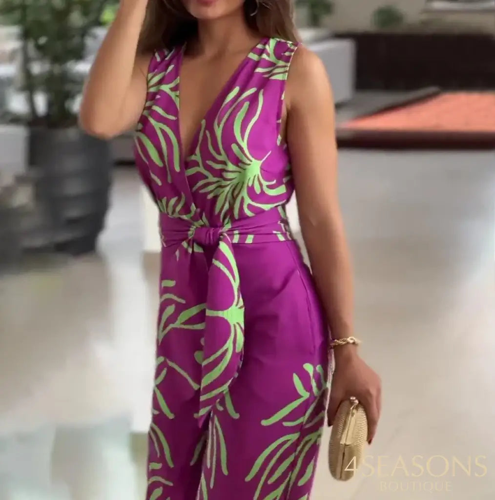 Women‘s Jumpsuits 2024 Summer New Fashion Print V-Neck Sleeveless Slim Belt Temperament Commuting