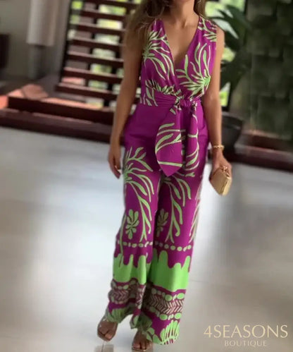 Women‘s Jumpsuits 2024 Summer New Fashion Print V-Neck Sleeveless Slim Belt Temperament Commuting