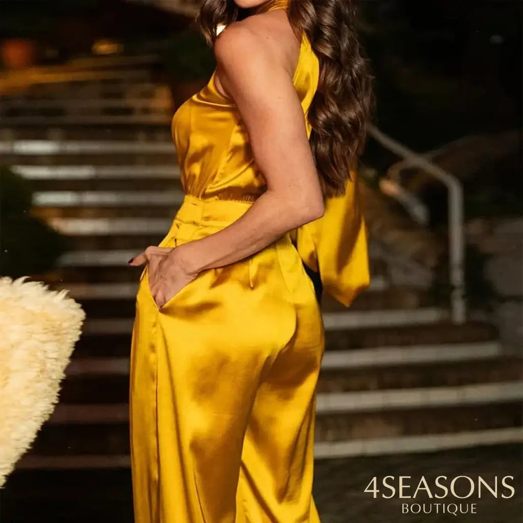 Liyong Women Jumpsuit Summer Fashion Solid One Shoulder Round Neck Long Sleeve Irregular Wide Legs