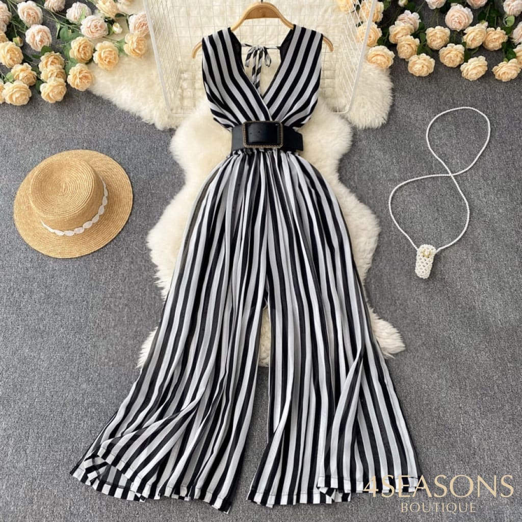 Long Jumpsuit Summer Woman Temperament V-Neck Chiffon Striped Waist New Korean Version Sleeveless