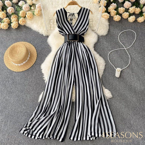Long Jumpsuit Summer Woman Temperament V-Neck Chiffon Striped Waist New Korean Version Sleeveless