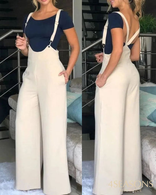 Spring Summer Casual Solid Strap Jumpsuit Women Fashion High Waist Wide Leg Bodysuit Ivory / S