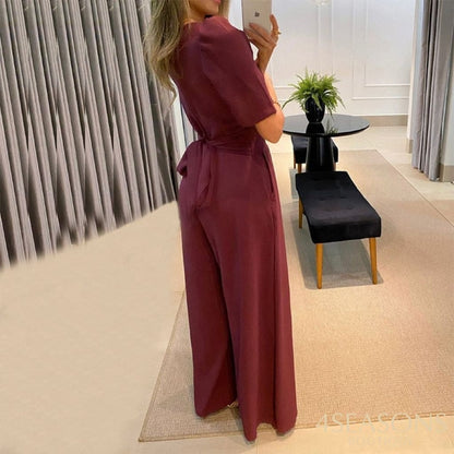 Women Wide Leg Pants Trousers 2022 New Style Short Sleeve Summer Elegant French Casual Jumpsuits