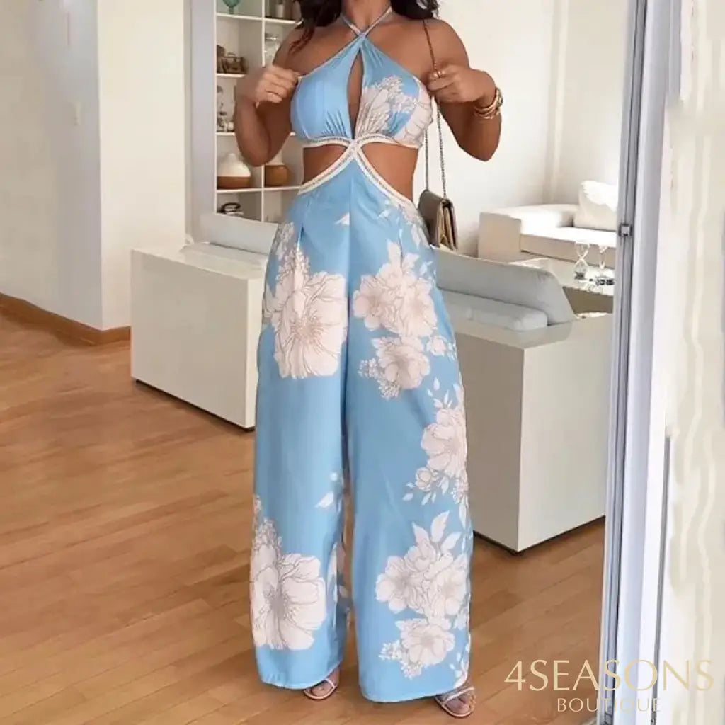 Wefads Jumpsuit Women Casual Printed Sleeveless Hollow Out Cross-Strap Halter Neck Lace Up Backless