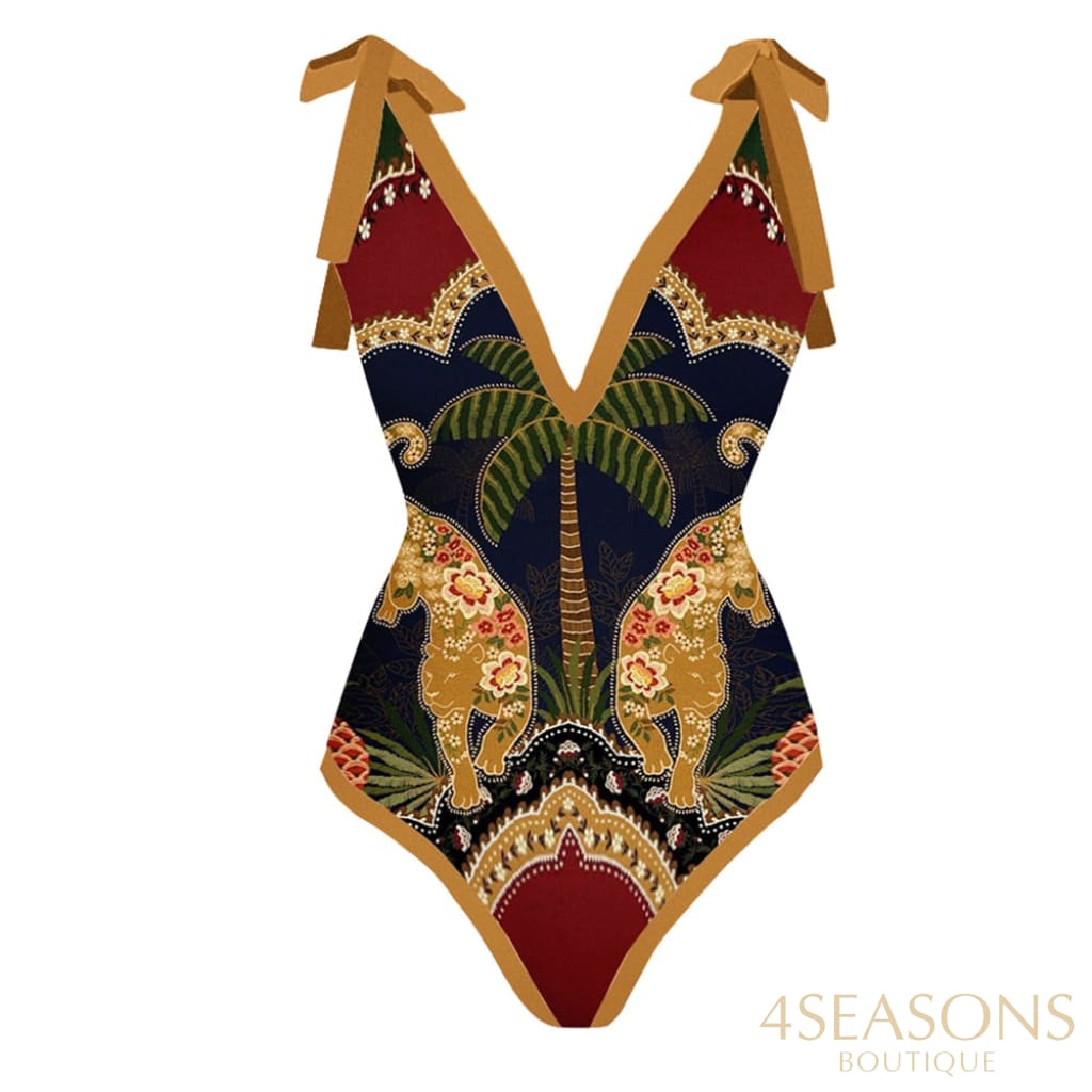 V-Neck Vintage Animal Print One-Piece Swimsuit Set High Waist Slim Open Back Beachwear Women Bow Tie