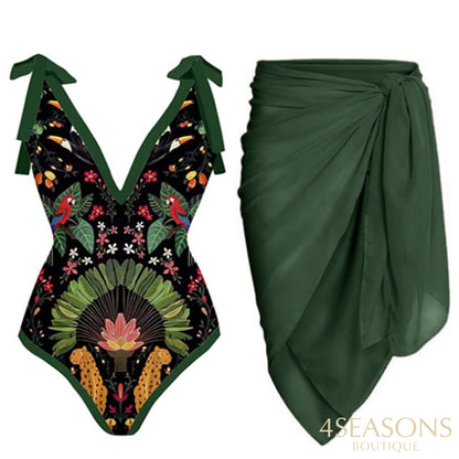 Vintage Print Deep V One Piece Swimsuit Set Two Pieces Biquini Naranja 2022 Women's Cover Up