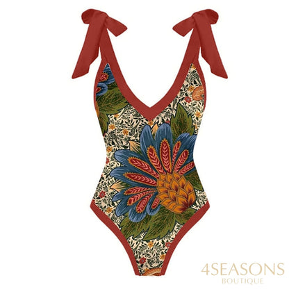 Printed Lace Up Chic One Piece Swimsuit High Waist Backless Women Color Elegant Beachwear Push