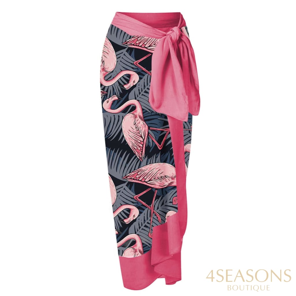 Pink Flamingo Print Bikini Set V-Neck High Waist Slim Swimsuit Womens Bow Tie Strap Style Beachwear