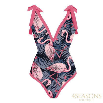 Pink Flamingo Print Bikini Set V-Neck High Waist Slim Swimsuit Womens Bow Tie Strap Style Beachwear